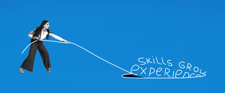 Contemporary art collage. woman dressed in business attire actively pulling rope with words skills, growth and experience. Concept of business, acquisition, retention, merger, partnership, office,の写真素材