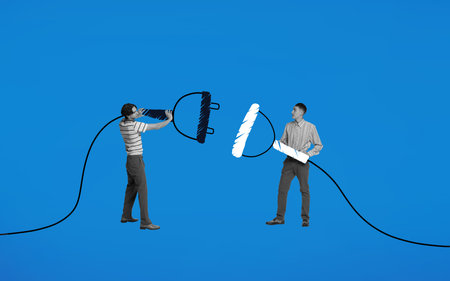 Contemporary art collage. Strength in working together. Young people try to connect their wires...