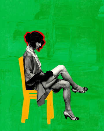 Contemporary art collage. Man outlined in red, sitting on yellow chair, dressed in vintage attire against vibrant textured background. Concept of comparisons of eras, classic and modernity fusion. Adの写真素材