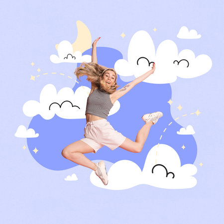 Contemporary art collage. Young woman in pajama jumping of joy and happiness surrounded fluffy clods and moon. Bedtime. Concept of dreams, imagination, education, leisure, big future. Adの写真素材