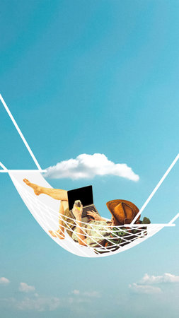 Contemporary art collage. Abstract artwork. Suspended in hammock amidst clouds, man works on his laptop in comfort. Concept of business, remote work, modern workplaces, freelance, internet.の写真素材
