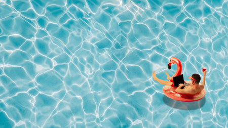 Contemporary art collage. Man in swimming flamingo-circle floating in pool and working online,...