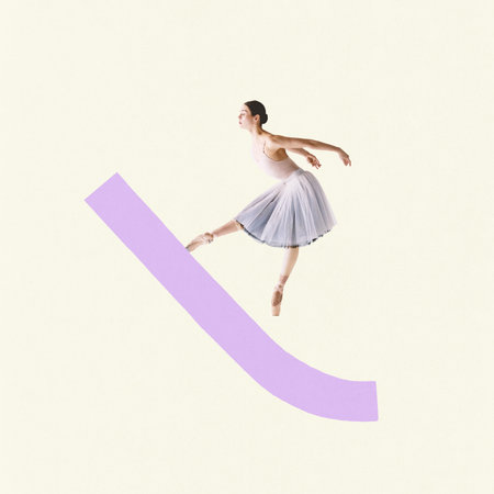 Contemporary art collage. Charming ballerina dancer moves in dance as she go up on abstract line of...