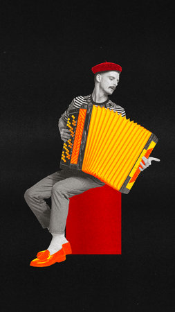 Contemporary art collage. Young man, dressed retro attire with vivid elements playing accordion. Poster for art events. Concept of vintage, music and dance, hobby, creativity.の写真素材
