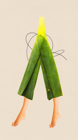 Contemporary art collage. Woman with fresh vegetable, leek instead of body walking against beige background with abstract doodles. Concept of food and drink, hot summer holidays, travellingの写真素材