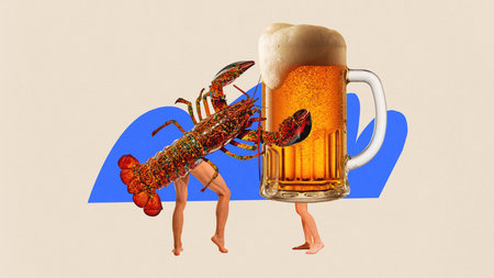 Contemporary art collage. Large lobster with human legs facing giant beer mug with foam, also with human legs. Concept of food and drink, hot summer holidays, travelling and vacations.の写真素材