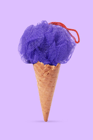 Contemporary art collage. Refreshing summer vacations. Ice cream horn with sponge for body on top...