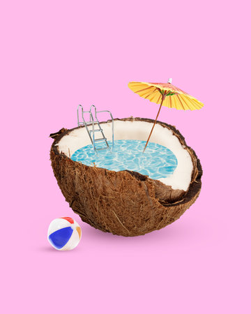 Contemporary art collage. Island Oasis. Coconut filled with clear water, as pool, with beach...