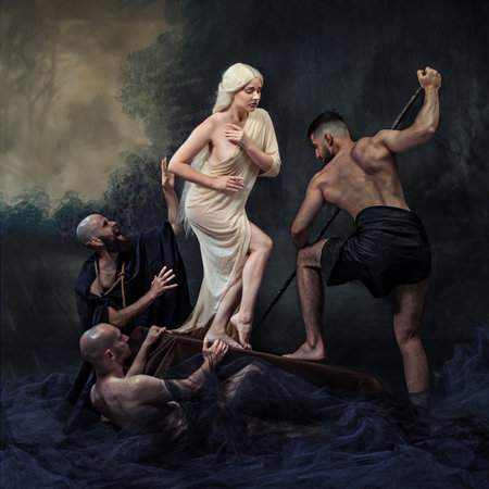 Woman steps tentatively from boat guided by three men, symbolizing journey of psyche through waters of time and transformation. Concept of art, history and myth, psychology, modernity and epic.の写真素材