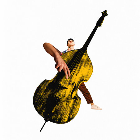 Poster. Contemporary art collage. Musical enthusiast performing his huge arms oversized yellow double bass. Concept of music and rhythm, hobby, festivals and concerts.の写真素材