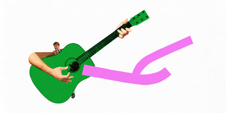 Poster. Contemporary art collage. Young man, musician with large arms, playing acoustic guitar with...