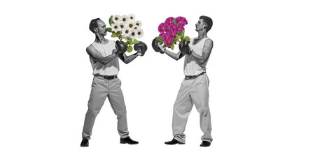 Poster. Contemporary art collage. Two boxers, dressed retro attire fighting in motion with bunch of flowers. Imagination and creativity. Concept of sport, active and healthy lifestyle, comedy.の写真素材