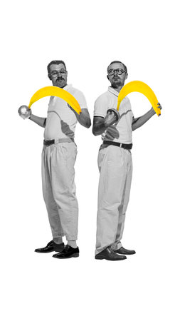 Poster. Contemporary art collage. Two men, fencers stands back to back in retro attire with bananas instead of swords. Concept of professional sport, active and healthy lifestyle, comedy.の写真素材