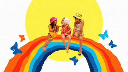 Poster. Contemporary art collage. Little girls sitting on huge rainbow with yellow sun behind them and butterflies flying around. Concept of beach holidays, tourism, childhood, summertime. Adの写真素材