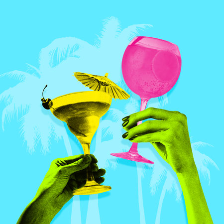 Contemporary art collage. Tropical party scene with colorful drinks and green hands, embodying fun and relaxation. Concept of food and drinks, hot summer holidays, celebration. Grainy fabric effect.の写真素材