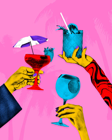 Contemporary art collage. Drinks, decorated with umbrella, held up by colorful hands against tropical background. Concept of food and drinks, hot summer holidays, celebration. Grainy fabric effect.の写真素材