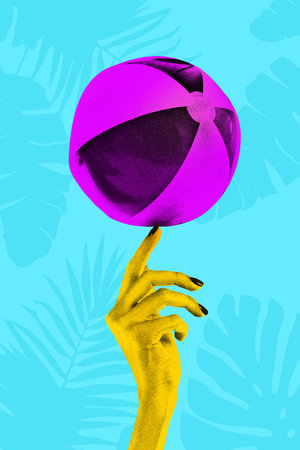 Contemporary art collage. Vibrant yellow hand balancing purple beach ball against tropical blue background. Concept of food and drinks, hot summer holidays, celebration. Grainy fabric effect.の写真素材