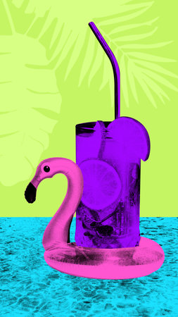 Contemporary art collage. Neon purple cocktail, in pink flamingo float, against bright green...