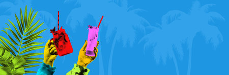 Banner. Contemporary art collage. Hands holding vibrant drinks against vivid blue background with...