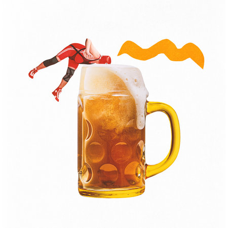 Poster. Contemporary art collage. Man in red wrestling outfit and mask, diving headfirst into large frothy beer mug against white background. Concept of celebration, vacation, Friday mood, summerの写真素材
