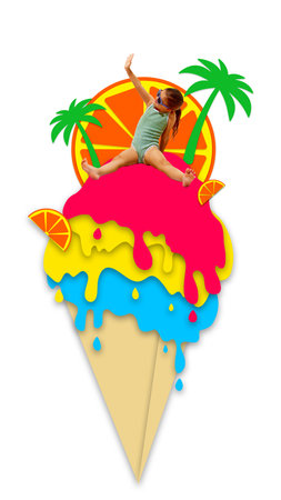 Poster. Contemporary art collage. Little girl dressed swimsuit, sunbathing sitting on huge ice cream...