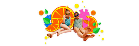 Banner. Contemporary art collage. Two little fashionista, girls dressed swimwear and glasses rest against background with colorful floral patter and fruits. Concept of summer holidays, fashion, style.の写真素材