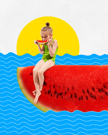 Poster. Contemporary art collage. Girl in swimsuit sitting on huge, juicy slice of watermelon, as on boat, in blue sea and eating fruit. Concept of childhood, summer mood, rest, holidays, vacation. Adの写真素材