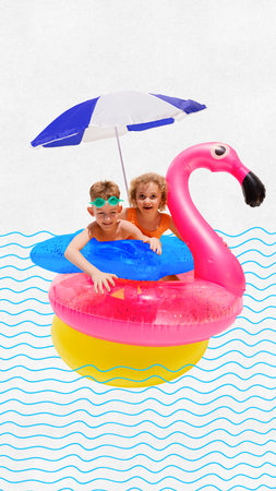 Poster. Contemporary art collage. Little friends, boy and girl swimming together in see in...