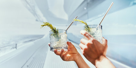 Essence of summer with refreshing mojito cocktails in hand. People relaxing while cruising on luxurious yacht. Relaxing vibe of the vacation. Concept of summer, vacation, travelling, natureの写真素材