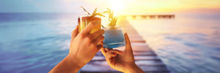 Male and female hands clinking glasses with cocktails, celebrating vacation against beautiful ocean background during sunset. Concept of summer, vacation, travelling, relaxation, natureの写真素材
