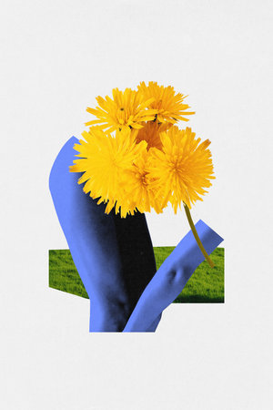 Bright summer. Abstract fusion of vibrant yellow dandelions and blue figure, set against green field. Beauty of season. Contemporary art collage. Concept of natural beauty, body aesthetics, natureの写真素材