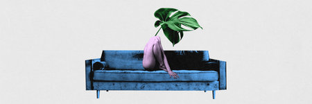 Restful summer. Abstract artwork with female body with large leaf, seated on blue couch, symbolizing...
