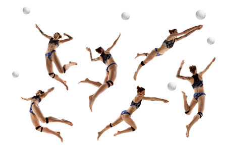 Collage. Female sportsman, beach volleyball player in motion, training, playing against white studio background. Concept of sport games, movement, championship, power, strength.の写真素材