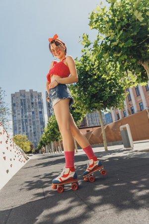 Cheerful skater girl in retro bright red top and denim shorts, cruising down city sidewalk with...