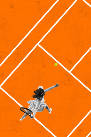 Aerial view on female tennis player on court playing against abstract orange background. Contemporary art collage. Vertical image. Concept of sport, competition, motivation, dynamics. Adの写真素材