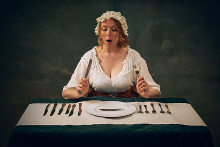 Emotional woman in historical attire, with bonnet and white blouse sitting at table with multiple...