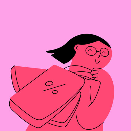Cheerful pink character with black hair and glasses, carrying shopping bag with percentage symbol Creative vector illustration. Shopping. Sales. Cartoon style. Hand drawnのイラスト素材