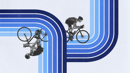 Two focused men competing, riding bicycle on curving road against light background with abstract...