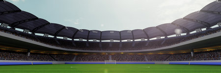3d render of modern soccer stadium with lush green field, packed stands with excited fans. Open air arena, wide angle view. Banner. Concept of sport, event, competition, tournament, live gameの写真素材