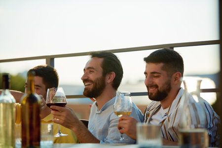 Group of young adults gathers for cheerful toast, their drinks glowing in sunlight at evening party. Photo outdoor. Concept of party, Friday mood, celebration, summer holidays, relax.の写真素材