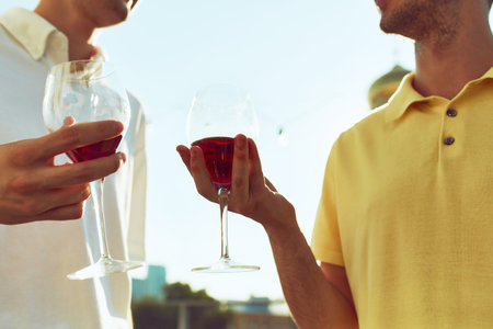 Two male friends come together for toast, their glasses meeting in celebratory gesture under bright sun. Concept of party, Friday mood, celebration, summer holidays, relax.の写真素材