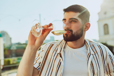 Young adults come together for toast, their glasses sparkling with colorful beverages under bright sun. Festive mood and fun. Concept of party, Friday mood, celebration, summer holidays, relax.の写真素材