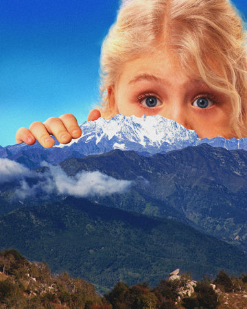 Contemporary art collage. Curious child peeks over snow-capped mountain, merging wonder of childhood with grandeur of nature, under clear blue sky. Concept of recreation, summer holiday, relax.の写真素材