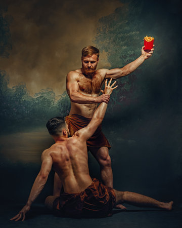 One man stands holding French fries high in air, while other kneels below, reaching up with longing expression against vintage background. Concept of food and delivery services, comparisons of eras.の写真素材