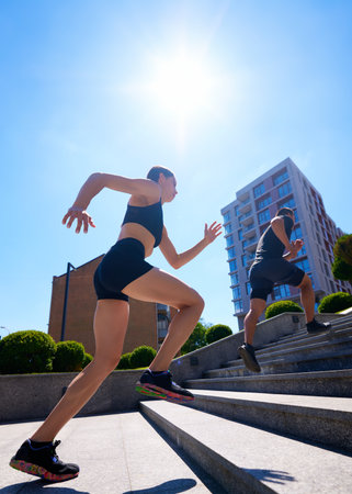 Fit, young couple, man and woman, exercises by running up outdoor stairs in urban setting on bright,...