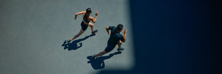 Banner. Aerial view of young people jogging together outdoor on sunny summer day at park. Negative space to insert your text. Concept of sport and healthy lifestyle, pair training, leisure activity.の写真素材