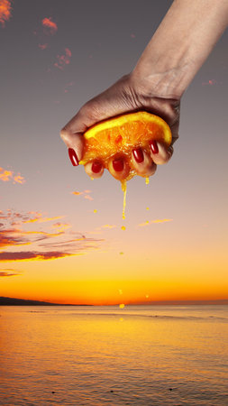 Poster. Contemporary art collage. Surreal artwork. Blending reality and fantasy. Sunset Squeeze. Hand squeezing orange over sunset. Concept of summer, holidays, fashion and style, dreaming.の写真素材