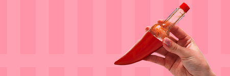 Banner. Contemporary art collage. Surreal artwork. Blending reality and fantasy. Hand holding hot sauce bottle seamlessly transitioning into chili pepper. Concept of summer, holidays, dreaming.の写真素材