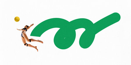 Poster. Contemporary art collage. Handball player, woman hits ball with hand against white background with dynamic lines. Concept of sport, competition, healthy and active lifestyle. Minimal design.の写真素材