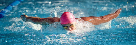 Banner. Man, swimmer in pink cap and goggles powers through water with butterfly stroke, his focused...